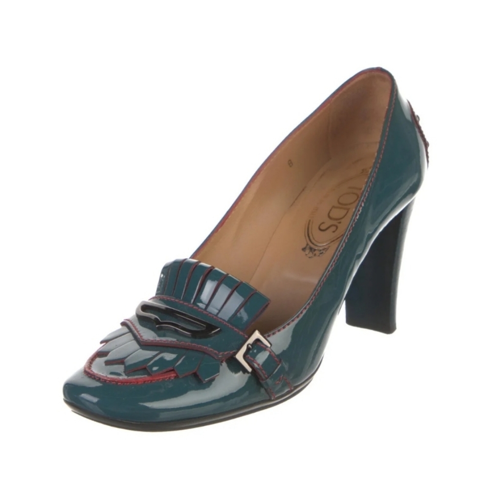 Tod’s Patent Leather Kiltie Noah Moc Heels Teal Green Size: 6.5